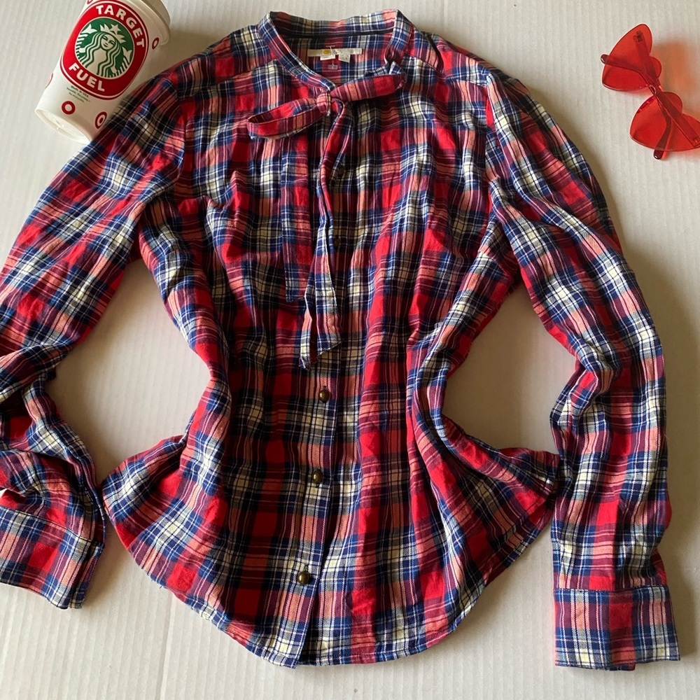 Boden Long sleeve plaid button down  tie neck red shirt top Fall winter
